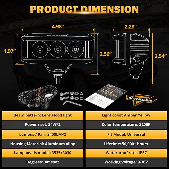 Auxbeam 5inch 68W Amber Fog Light Side Shooter LED Bar with Golden Yellow Spot Flood Combo Beam, Waterproof Offroad Fog Light for UTV ATV Jeep Wrangler Motor Truck Boat