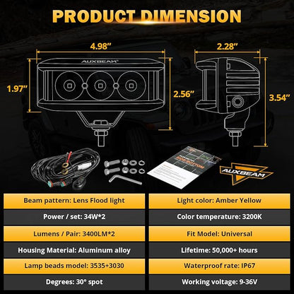 Auxbeam 5inch 68W Amber Fog Light Side Shooter LED Bar with Golden Yellow Spot Flood Combo Beam, Waterproof Offroad Fog Light for UTV ATV Jeep Wrangler Motor Truck Boat