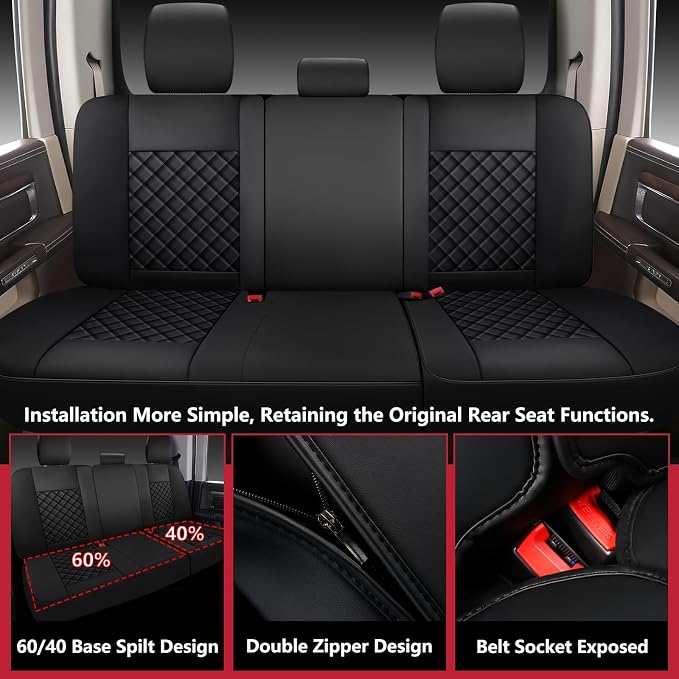 Ram 1500 Seat Covers 2019-2026 Full Set, Truck Interior Sets with Lumbar Support Custom Fit for Dodge Ram 1500/2500/3500 Crew/Mega Cab with Rear Flat Bench, Black