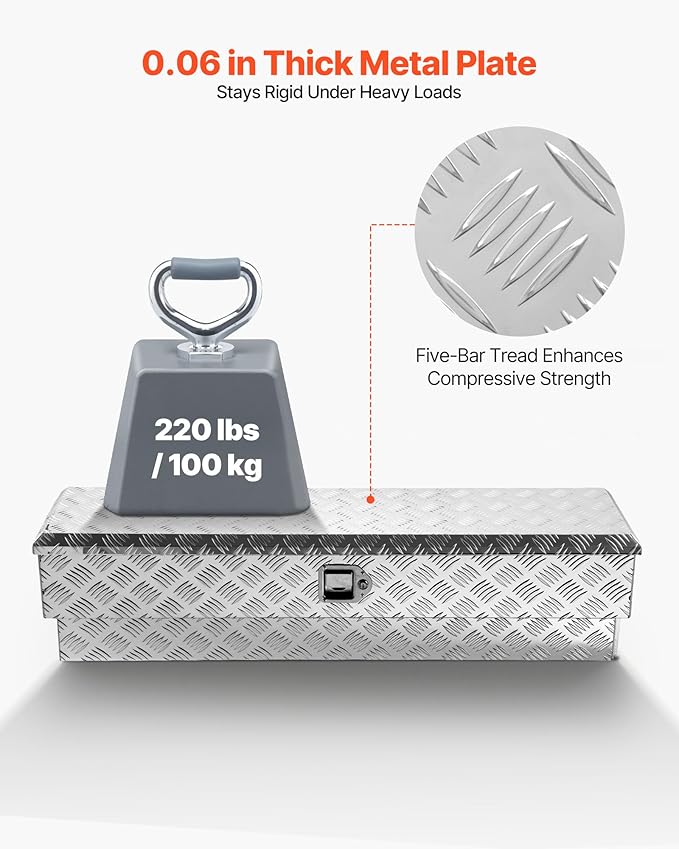 VEVOR Truck Bed Tool Box, Heavy Duty Aluminum Tool Box with Tread Patterns, Storage Toolbox Chest Organizer with Lock and Key, Ideal for Pickup, Truck Bed, RV, Trailer, 48 x 13.4 x 13 in, Silver