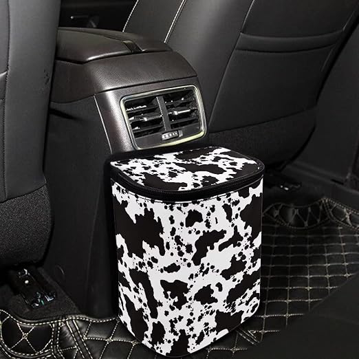 White Black Cow Car Trash Can Cow Car Accessories Leak Proof Trash Bag with Lid and Zipper Portable Collapsible Garbage Can Multipurpose Storage Organizer Car Trash Bag Hanging Cute