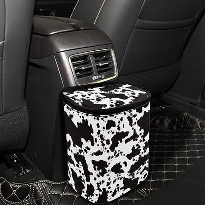 White Black Cow Car Trash Can Cow Car Accessories Leak Proof Trash Bag with Lid and Zipper Portable Collapsible Garbage Can Multipurpose Storage Organizer Car Trash Bag Hanging Cute