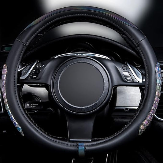 Flying Banner car Steering Wheel Cover Gel Massage Velvet Cool Warm Universal Size 15 inches SUV Truck Anti Slip Odorless Summer Winter (Black Muti-Volor Faux Leather, Gel Massage)