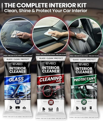EVEO Car Wipes Interior Cleaning Kit -3-in-1 Car Cleaning Wipes Car Interior Wipes | Interior Car Wipes, Car Cleaning Kit Interior & Exterior - Protectant, Glass and Cleaning All Surfaces (90 Wipes)