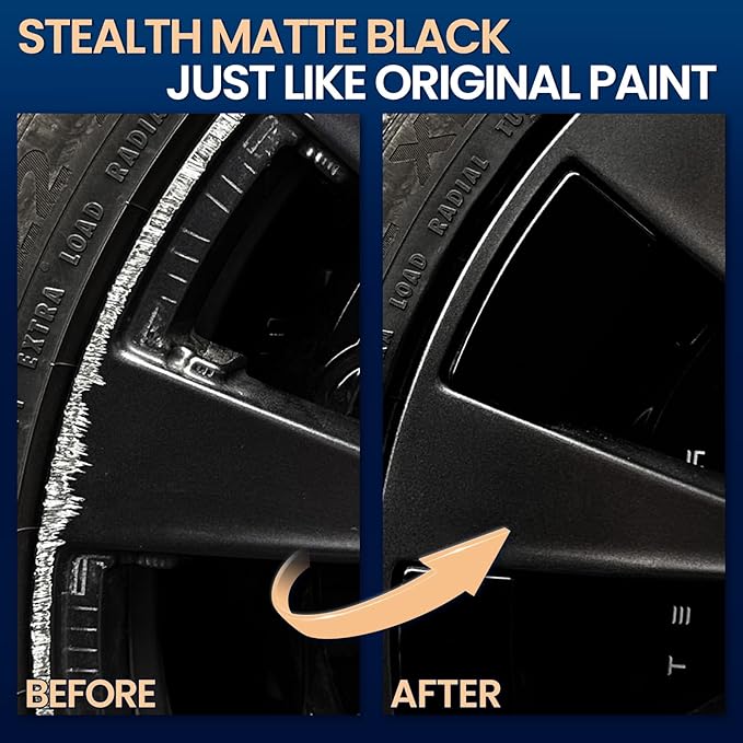 Matte Black Rim Touch Up Paint, 2-in-1 Matte Black Paint Pen for Metal, Enamel, Wheel Scratch Repair Kit for Curb Rash, Flat/Satin Black Automotive Paint for Car Alloy Wheels & Metal (1 fl oz)