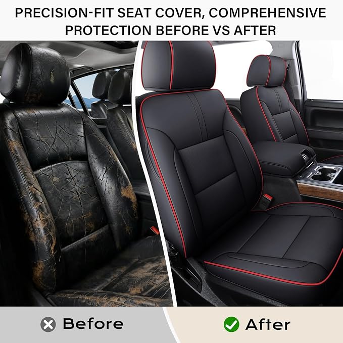 Coverado Chevy Silverado Seat Covers, Faux Leather Seat Covers Fit for Chevy Silverado GMC Sierra 2007-2025 1500, 2015-2025 2500HD 3500HD Crew Double Extended Cab (Front, Red)