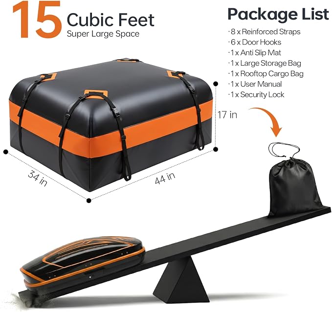 Car Rooftop Cargo Carrier Bag, 15 Cubic Feet Waterproof Heavy Duty Roof Bag with 8 Reinforced Straps & Combination Lock, Soft Shell PVC Car Top Luggage Carrier for SUV Truck RV, Travel Camping Storage