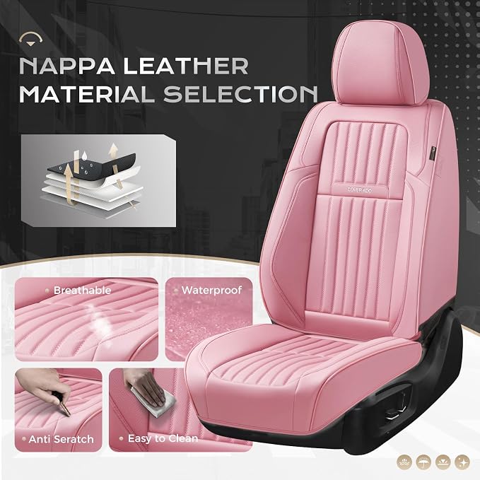 Coverado Car Seat Covers Full Set, Seat Covers for Cars, Car Seat Cover, Car Seat Protector, Leather Car Seat Cushion, Waterproof Car Seat Covers Front Seats and Back Fit for Most Cars(Pink)