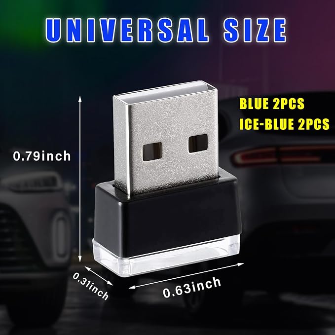 Augeny 4 PCS USB LED Car Interior Atmosphere Lamp, Plug-in USB Decor Night Light, Portable Auto Ambient Lighting Kit, Universal Vehicle Interior Accessories for Most Cars (Blue & Ice Blue)