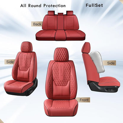 Coverado Full Set Car Seat Covers, Nappa Leather Seat Covers, Waterproof Car Seat Protector with Lumbar Support, Automotive Seat Covers Universal Fit for Most Cars SUV Trucks (FullSet, Red-Blackline)
