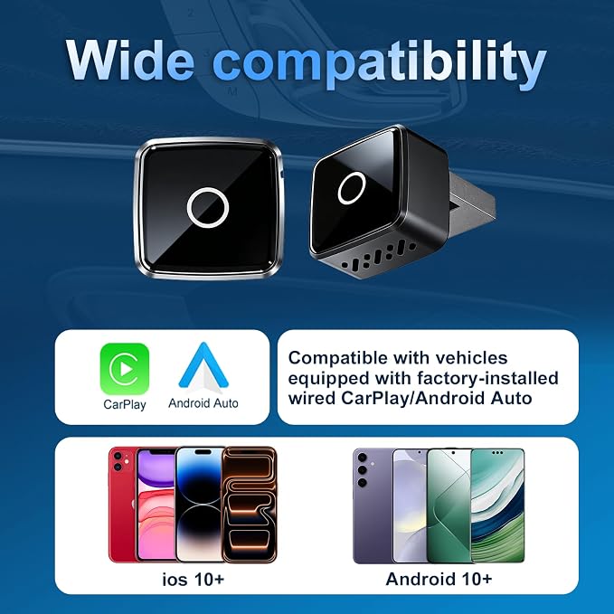 Wireless CarPlay/Android Auto Mini Adapter 2-in-1 Plug&Play Dongle for OEM Wired CarPlayAndroid Auto Cars After 2016 Fast Auto-Reconnect Keep Factory Controls Support iOS 10+ / Android 11+