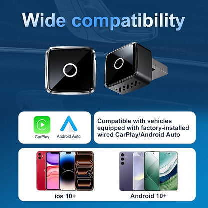 Wireless CarPlay/Android Auto Mini Adapter 2-in-1 Plug&Play Dongle for OEM Wired CarPlayAndroid Auto Cars After 2016 Fast Auto-Reconnect Keep Factory Controls Support iOS 10+ / Android 11+