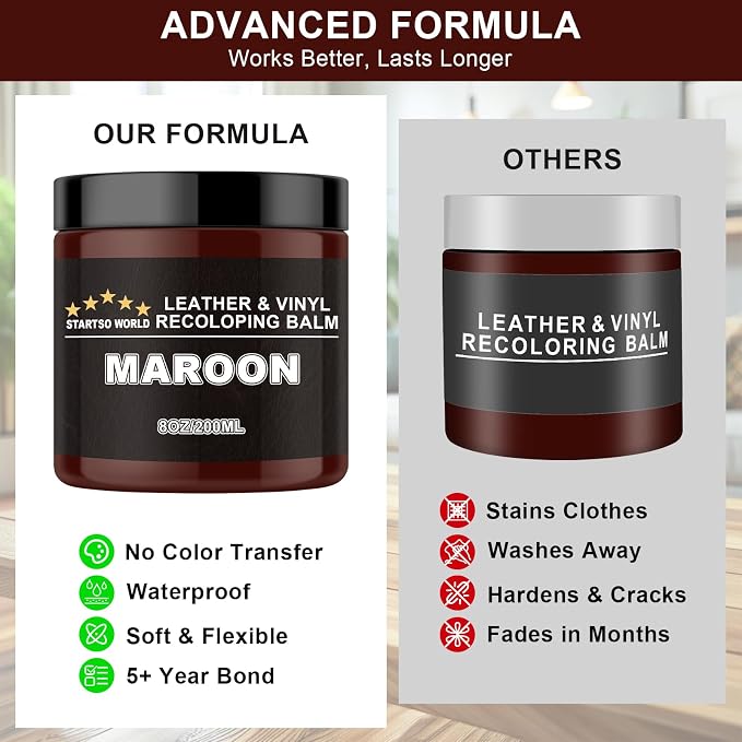 STARTSO WORLD 200Ml Leather Recoloring Balm with 100ML Leather Conditioner, Maroon Leather Repair Kit for Furniture, Leather Dye, Leather Scratch Repair, Leather Couch Paint