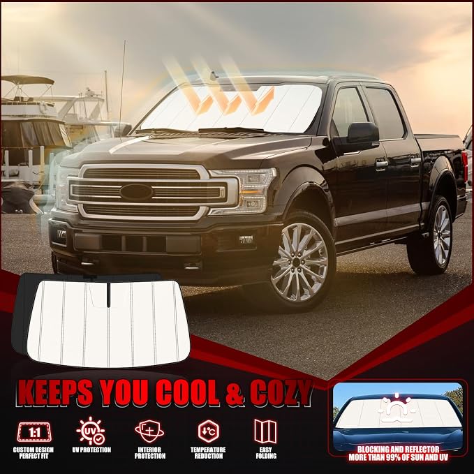 Windshield Sun Shade for Ford F150 2015-2026, Front Window Visor Accessories, Folding Design Blocks Heat & UV Rays Maintain Cool Interior and Save Space