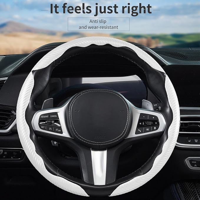 3 Piece Carbon Fiber Steering Wheel Cover,Car Steering Wheel Protector with Non-Slip Lining,Breathable Microfiber Universal for 14.5-15 inch,White