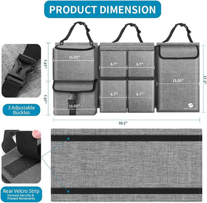 Car Trunk Organizer with Cooler, Hanging Organizers with Large Pockets, Zippers Detachable Seat Back Storage, Waterproof for Jeeps, SUVs, Grey