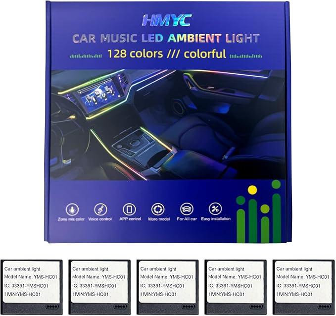 HMYC Car Interior Ambient Lights,18 in 1 128 Colorful LED Acrylic Fiber Optic Strip,Universal Multiple Modes Decoration Atmosphere with Music Sync Rhythm,APP Control,RGB Neon Lighting for All Cars