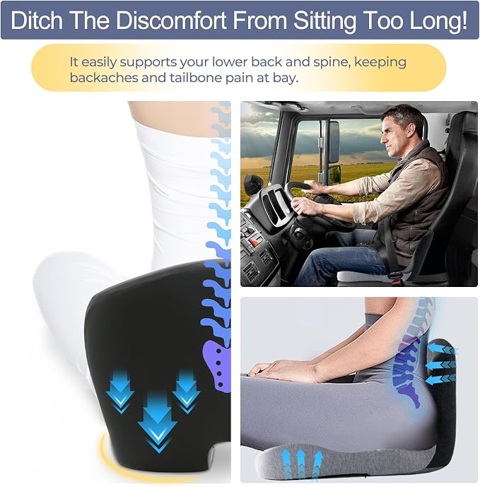 Car Seat Cushion, Memory Foam Driving Cushion with Adjustable Strap, Ergonomic Pad for Car & Semi Truck, Office Chair Cushion for Sciatica & Lower Back Pain Relief, Light Gray & Dark Gray