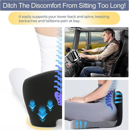 Car Seat Cushion, Memory Foam Driving Cushion with Adjustable Strap, Ergonomic Pad for Car & Semi Truck, Office Chair Cushion for Sciatica & Lower Back Pain Relief, Light Gray & Dark Gray