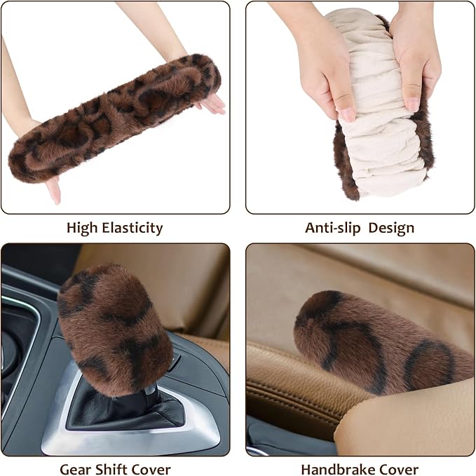 Accmor Fuzzy Car Steering Wheel Cover, Warm Fluffy Leopard Steering Wheel Cover with Cute Ears, Soft Plush Furry Car Accessories Decor for Women, Non-Slip Universal 15 inch Fit Vehicle, Truck, SUVs
