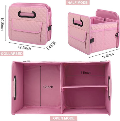 JiatuA Car Trunk Organizer for SUV, Car Storage Organizer Collapsible Multi Compartment Container Box, Adjustable Car Accessories for Women/Men, Pink