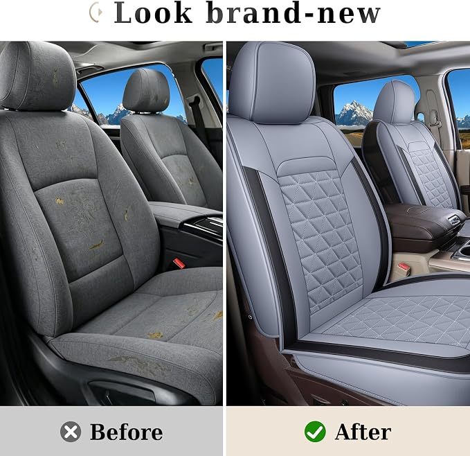 Coverado Car Seat Covers Full Set, Waterproof RAM 1500 Seat Cover Compatible with 2002-2026 RAM 1500 2500 3500 Crew Double Mega Quad Cab with Flat Bench, Gray