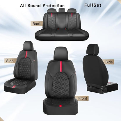 Coverado Car Seat Covers Full Set, Waterproof Front Seats Back Seat Cover, Leather Seat Cushion Universal Fit for Most Cars (Black-Red)