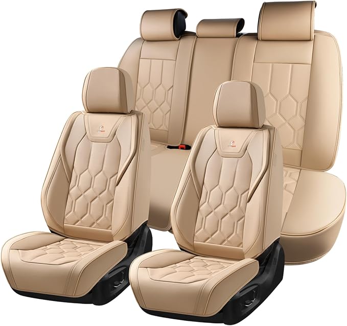Huidasource Seat Covers Full Set, Universal Fit for Most Cars SUVs Trucks, Full Coverage Leather Automotive Seat Cover, Airbag, Cupholder Compatible, Seat Function Retain, Velcro Adjustable, Beige
