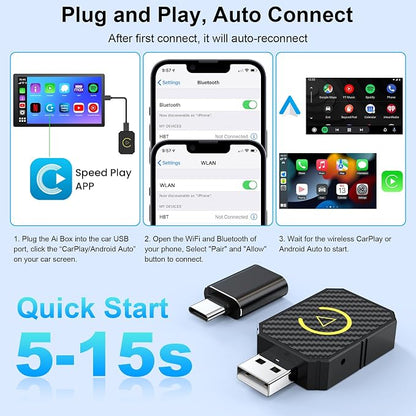 2025 Upgraded Mini Android Auto and Wireless CarPlay Adapter Convert Factory Wired to Wireless Dongle, USB CarPlay Wireless Stick Android Auto Adapter for iOS 12+/Android No Delay