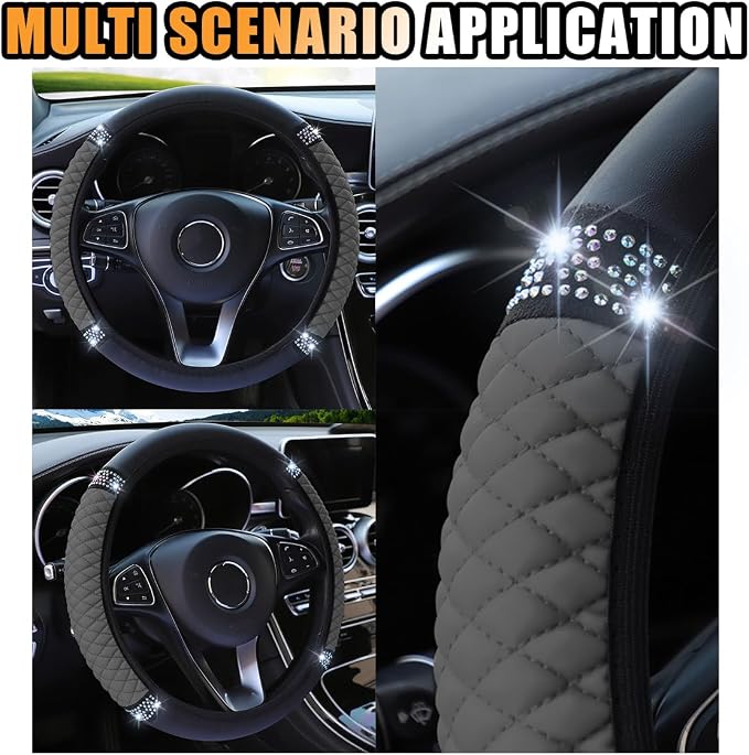 Bling Soft Leather Steering Wheel Cover, 15 Inch Colorful Rhinestones Auto Elastic Protector with Crystal Diamond for Women Girls, Car Accessories for Most Cars, SUVs (Grey)