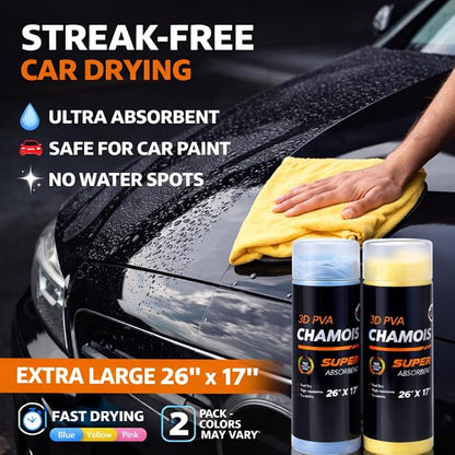 R.A. Car Drying Chamois 2-Pack (26x17in) - Ultra-Absorbent PVA Microfiber Towels for Cars - Streak-Free, Scratch-Resistant Cleaning with Storage Case - Essential Car Wash Kit Accessory