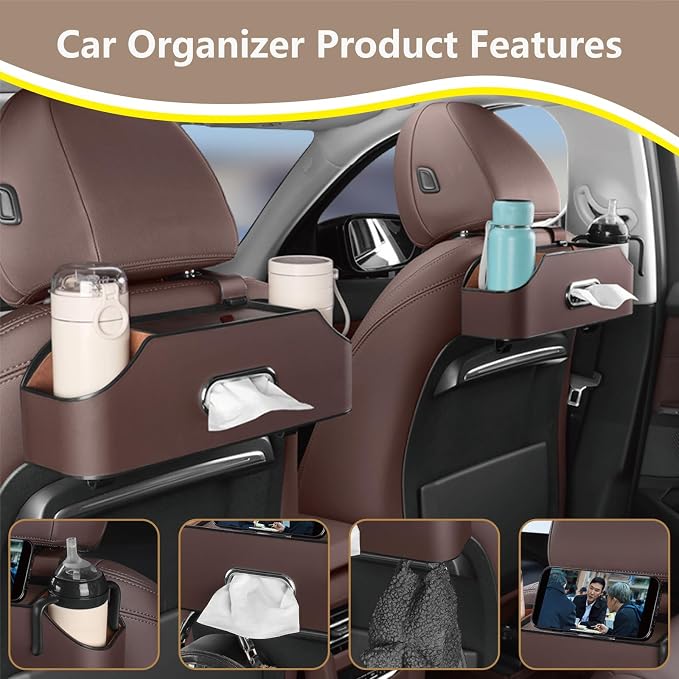 Backseat Car Organizer with 2 Drink Cup Holder - Tissue Holder - Car Seat Hooks for Headrest - Multi-functional Storage for Travel - Perfect for Kids, Adults(Brown)
