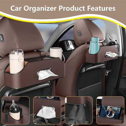 Backseat Car Organizer with 2 Drink Cup Holder - Tissue Holder - Car Seat Hooks for Headrest - Multi-functional Storage for Travel - Perfect for Kids, Adults(Brown)