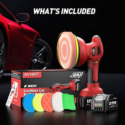 6 Inch Cordless Car Buffer Polisher: 2x4000mAh Batteries Car Buffer, Car Waxer Kit with 8 mm Orbit Block & 6 Speed Control (2500-6000 RPM) - for Car/Boat Detailing, Scratch Removal and Waxing