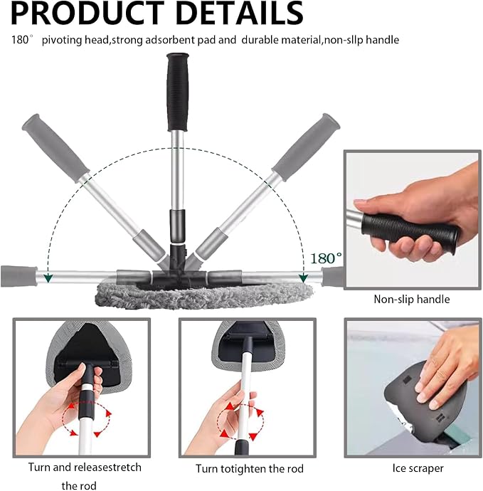 Car Windshield Cleaning Tools, Expandable Car Window Cleaner kit with 4 Reusable Microfiber Pads, Windshield Cleaning Wand Tool, Auto Interior Dust Brush, for Trucks, SUVs, RVs etc