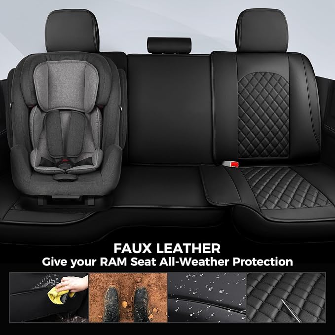 FREESOO Car Seat Covers Full Set for Dodge Ram 2002-2018 1500 & 2011-2026 2500 3500 Crew Quad Cab, 2019-2024 Ram 1500 Classic Leather Seat Cover, with Curved Bench, Black