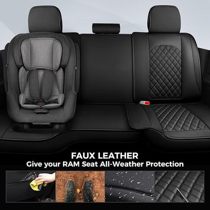 FREESOO Car Seat Covers Full Set for Dodge Ram 2002-2018 1500 & 2011-2026 2500 3500 Crew Quad Cab, 2019-2024 Ram 1500 Classic Leather Seat Cover, with Curved Bench, Black