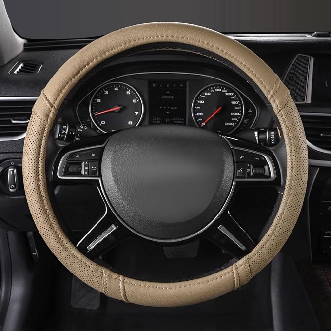 Car Pass Classical Leather Automotive Universal Steering Wheel Covers,Universal Fit for Suvs,Trucks,Sedans,Cars,Vans,14.5-15inch Anti-Slip Safety Comfortable Desgin(Beige)