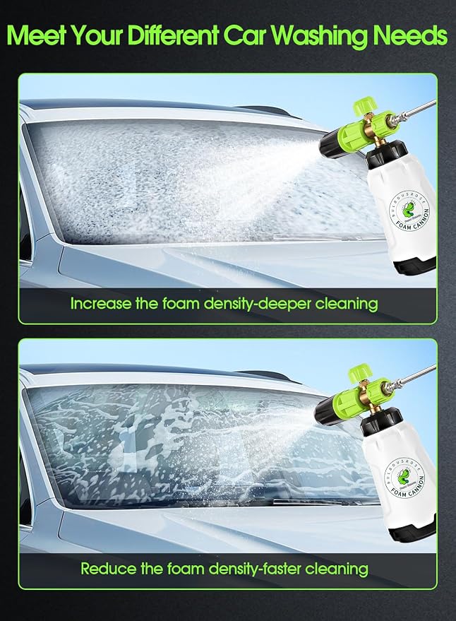 Foam Cannon for Pressure Washer (Wide Mouth), Stainless Steel Filter Thick Snow Car Wash Foam Gun, Adjustable Soap Cannon with 1/4“ Quick Connector, Additional 1.1mm Orifice Nozzle, 1L HDPE Bottle