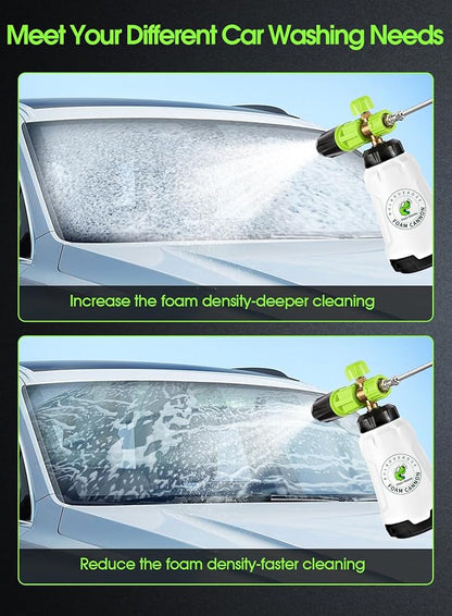 Foam Cannon for Pressure Washer (Wide Mouth), Stainless Steel Filter Thick Snow Car Wash Foam Gun, Adjustable Soap Cannon with 1/4“ Quick Connector, Additional 1.1mm Orifice Nozzle, 1L HDPE Bottle