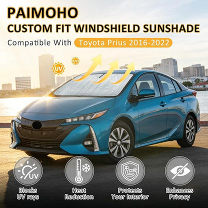 Thickened Windshield Sun Shade for Toyota Prius 2016-2022 | Accordion Front Window Sunshade Aluminum Reflective UV Protection Shield, Foldable Sun Visor with Storage Bag Car Accessories