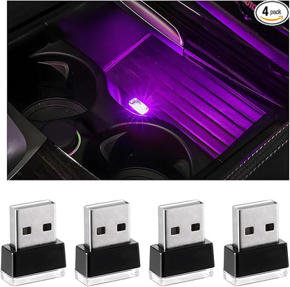 Yourkar 4 PCS USB LED Car Interior Atmosphere Lamp, Plug-in USB Interface Trunk Ambient Lighting Kit, Night Led Decoration Mini USB Light, Universal Interior Car Accessories (Purple)