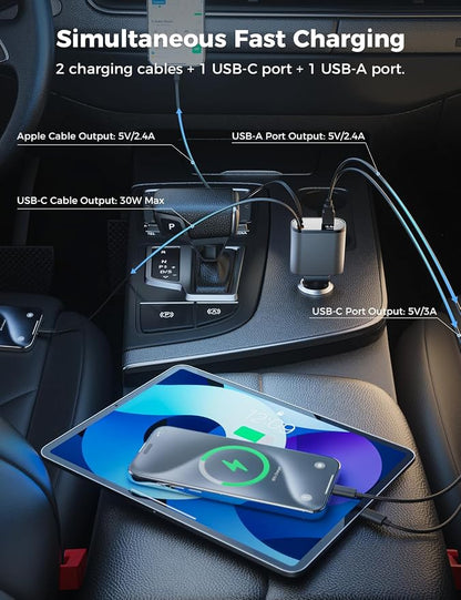 【Upgraded】 SUPERONE Retractable Car Charger 4 in 1, Fast Car Phone Charger with Cord 2.6ft, USB C and Apple Car Charger Adapter, Compatible with iPhone 17 16 15/15 Pro Max/14/13/12/11, Galaxy, Pixel