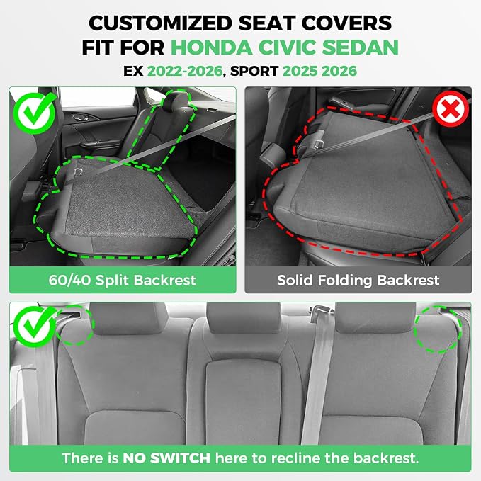for Honda Civic Leather Seat Covers, Sedan EX 2022-2026, Sport 2025 2026, Custom Fit Car Seat Cover Full Set, Waterproof Accessories, Black (60/40 Split Benches-with Rear Armrest)