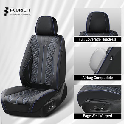 FLORICH Automotive Car Seat Covers Front Seat, Leather Car Seat Cover 2 Pack Waterproof Front Seat Covers Full Coverage Driver Seat Protector Universal Fit for Most Cars SUV Trucks, Black&Blue Line