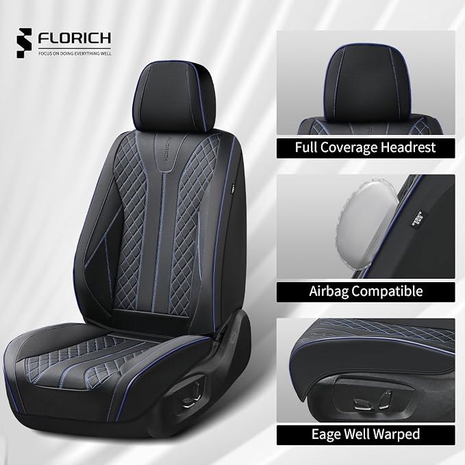 FLORICH Leather Seat Covers for Cars, Car Seat Cover Full Set Luxury Faux Leather Waterproof Seat Cover Full Coverage Seat Protector Universal Fit for Most Cars SUV Trucks, Black&Blue Line