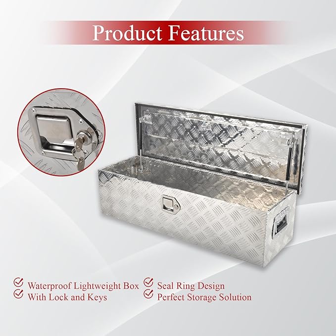 39''Inch Aluminum Truck Tool Box Truck Bed Toolbox Truck Trailer Chest Box Trailer Underbody Storage Organizer Waterproof Square Storage Organizer w/Lock & Keys Silver(‎39" Lx13 Wx10 H)