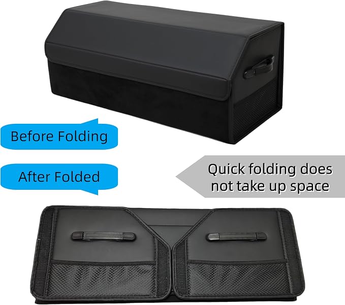Car Organizers for Trunk for Suv Sedan, Leather Storage Box,Extra Large,Magnetic Lid,Collapsible and Adjustable, Collapsible Suede velvet， Black