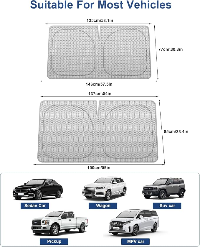 helloleiboo Graphene Car Windshield Sun Shade – 59" x 33" Foldable Car Sun Shade, Advanced Heat Absorption & UV Protection, Universal Fit for Cars, SUVs & Trucks (59 * 33 Inches)