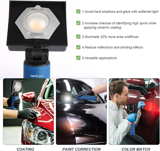 NextLED NT-V3505 Rechargeable Ceramic Coating Light, 1000 LM, CRI 95+, w/Detachable Light Diffuser, for Auto Detailing, Optimal Ceramic Car Coating, Paint Correction Kit, Color Matching Tool